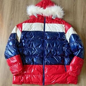 Red and Blue Puffer Jacket with Fur Hood